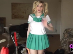 KiloLesbians presents: Costume babe in a miniskirt fucks a toy outdoors
