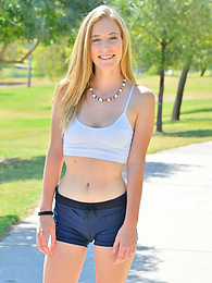KiloLesbians presents: Sporty blonde babe Dakota strips her clothes and flaunts her hot body outdoors