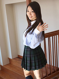 KiloLesbians presents: Asian schoolgirl Tomoyo Hoshino strips to stockings and poses outdoors