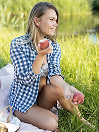 KiloLesbians presents: Skinny blonde Paulina gets naked on a blanket in a field of wheat